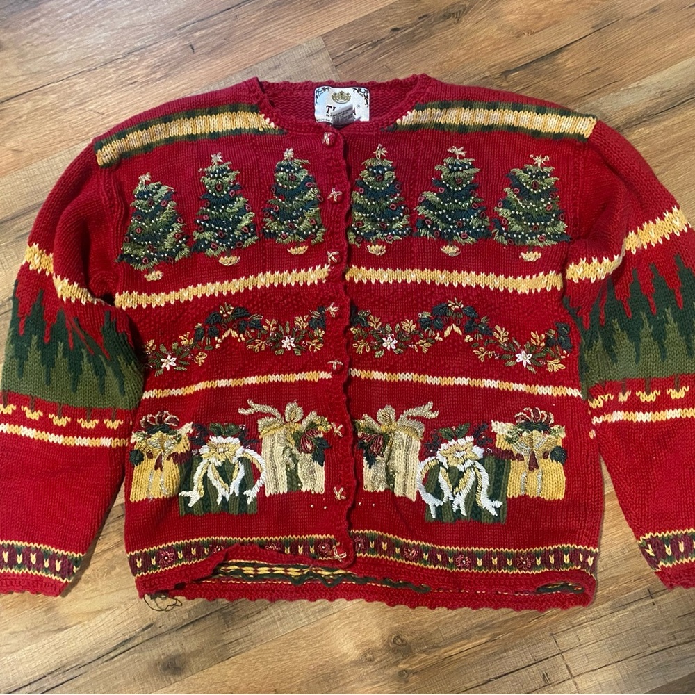 Festive Red Christmas Sweater with Tree and Gift Design